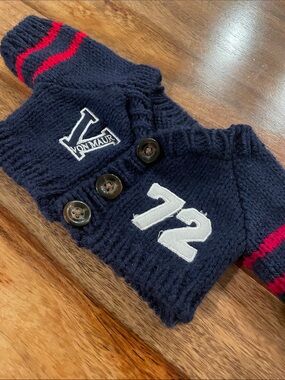 Navy Knit Teddy Bear Cardigan with Red Stripe Accents - 72 Patch